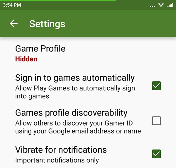 Ecrã de Definições no Google Play Games